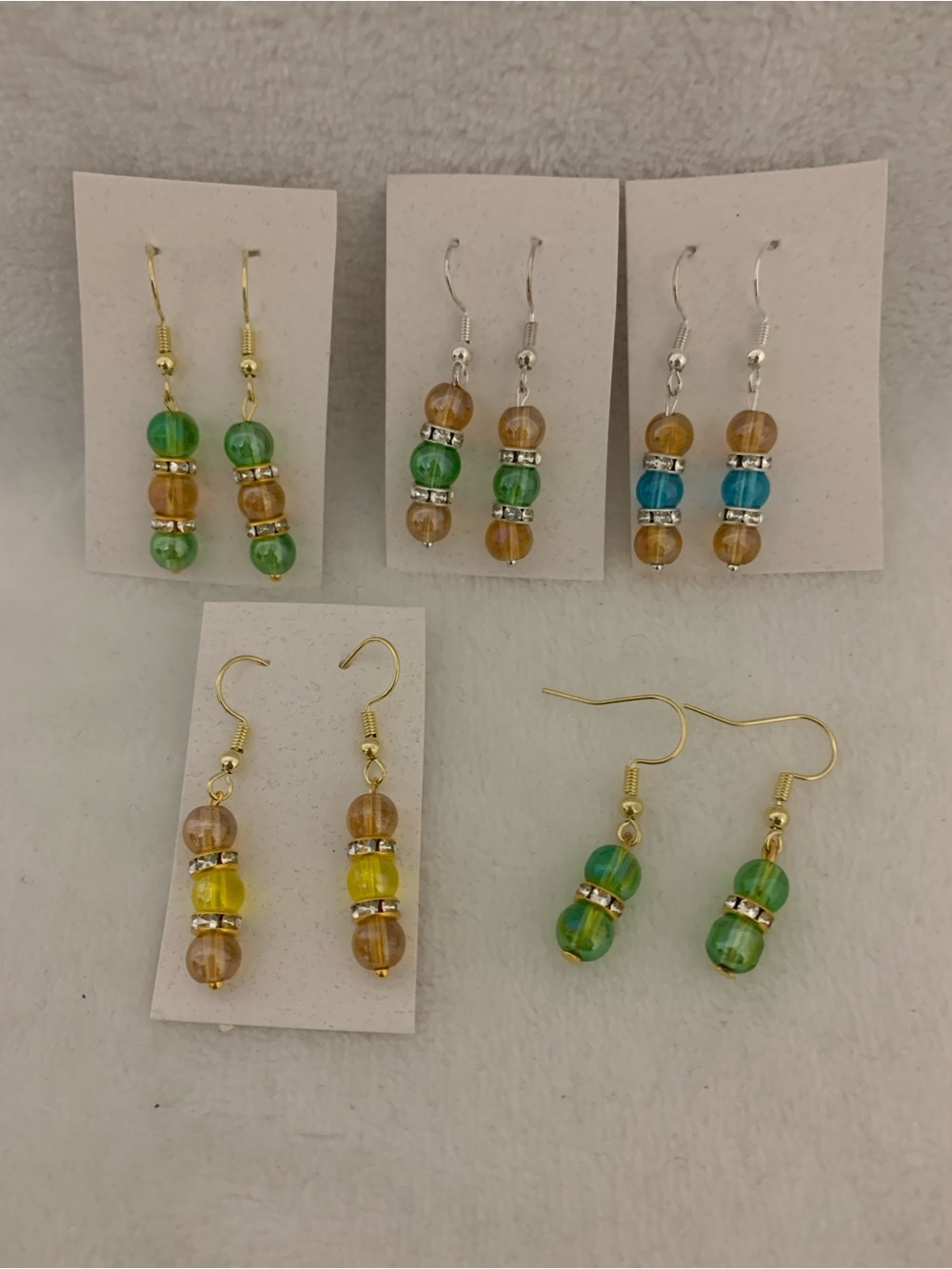 Colorful Beaded Dangle Earrings — Green and Amber